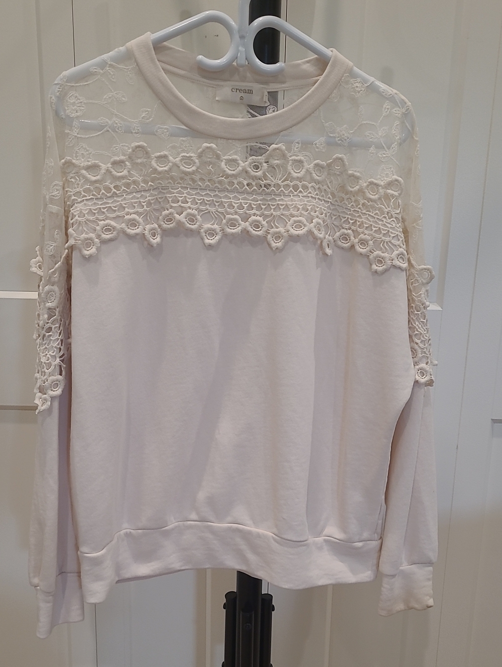 Cream Lace Yoke Long Sleeve Top - Cream